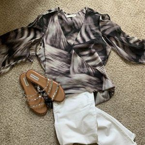Halston Heritage Faux Wrap Blouse with Slit Sleeves